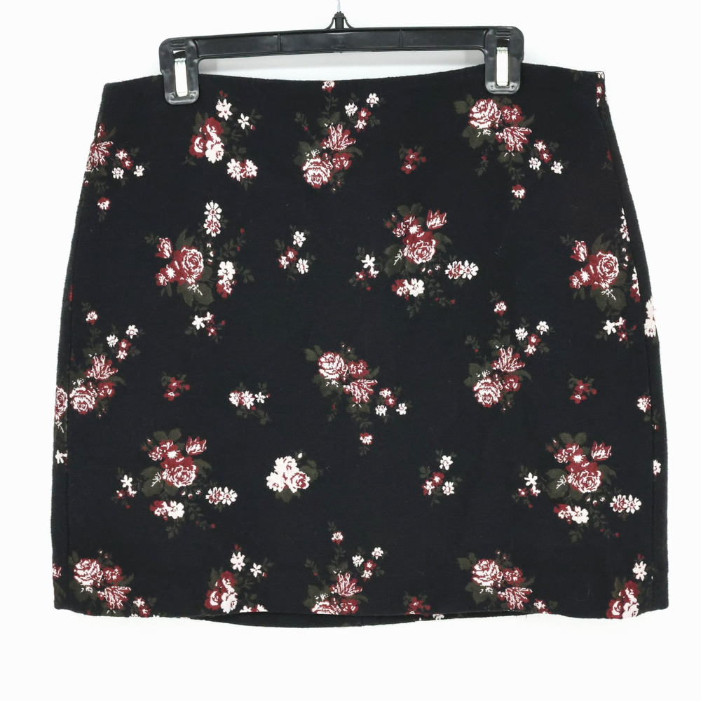Loft Skirt Womens 12 Black Red Floral Tweed Cotton Blend Zip Lined Short Length